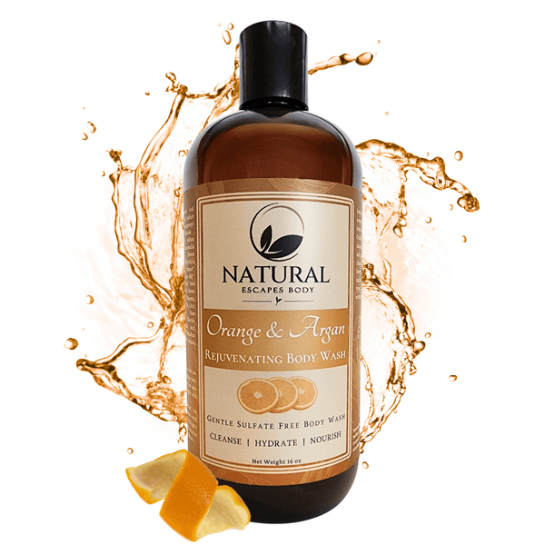 bottle of natural orange body wash for men and women sulfate free body wash sensitive skin 