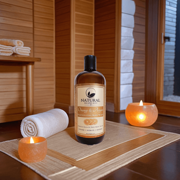 bottle of organic body wash spa setting argan oil for skin citrus body wash for men and women