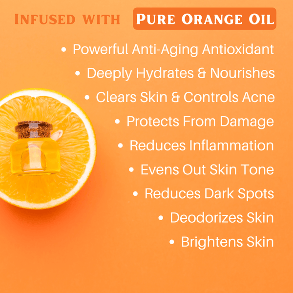 graphic showing benefits of range essential oil for skin orange body wash for acne dry skin oily skin brightening body wash