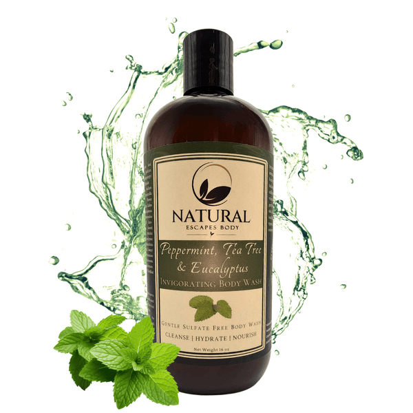 bottle of peppermint tea tree eucalyptus body wash for men and women hydrating body wash for dry skin