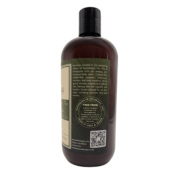 side of bottle of moisturizing body wash with essential oils tea tree body wash peppermint body wash